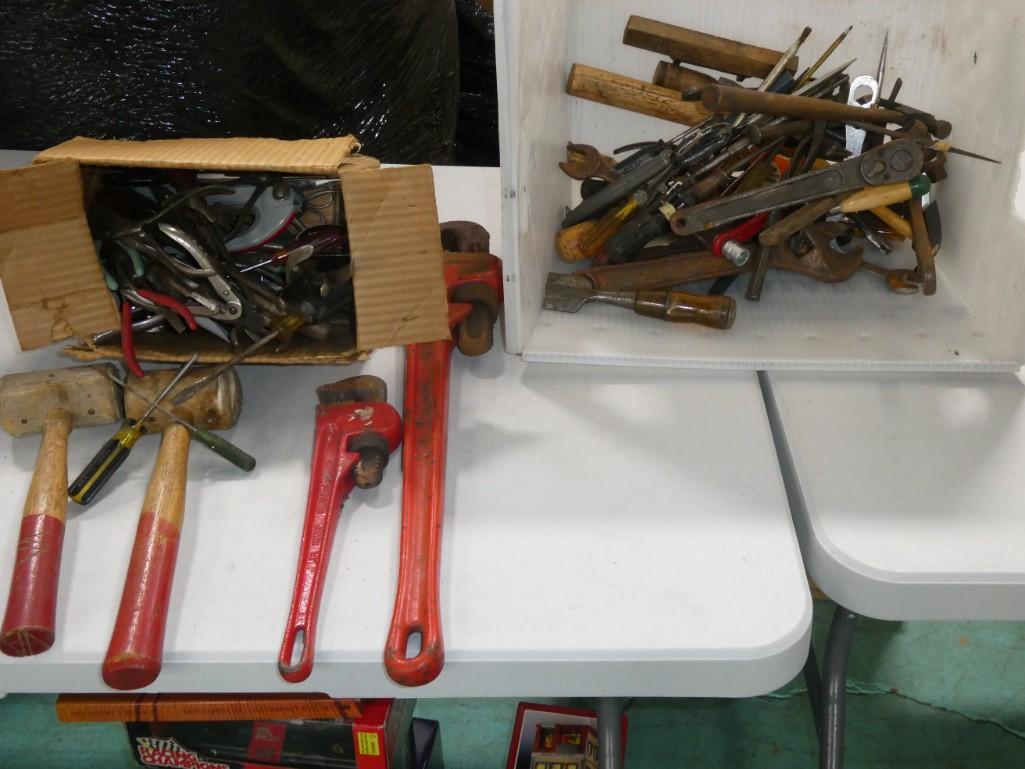Large Bin of Vintage Tools incl Wooden Mallets, Pipe Wrenches incl 24", etc (1 of 4)