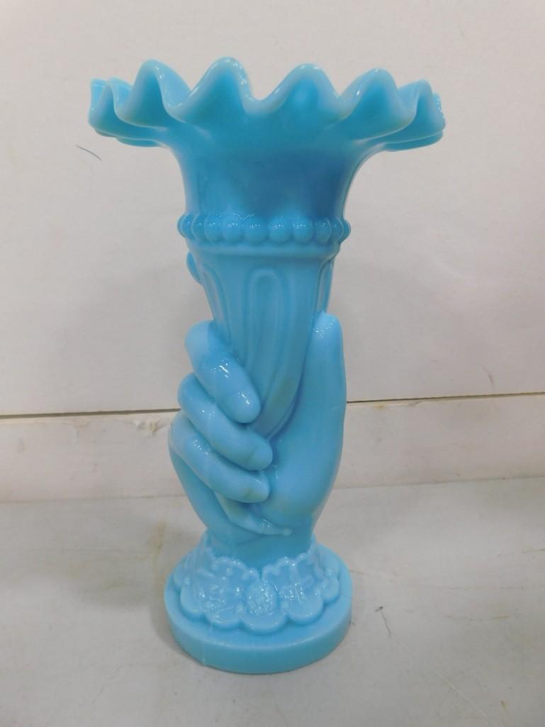 Vintage Portieux Vallerysthal Blue Opaline Glass Hand Vase: Vintage Portieux Vallerysthal Blue Opaline Glass Hand Vase Made in France