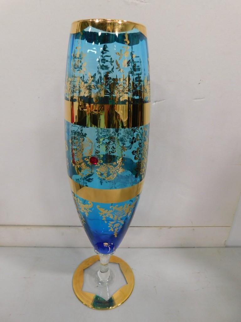 MCM 16 1/2" Blue Footed Vase with Gold Gilt and Red "Stones" (1 of 3)