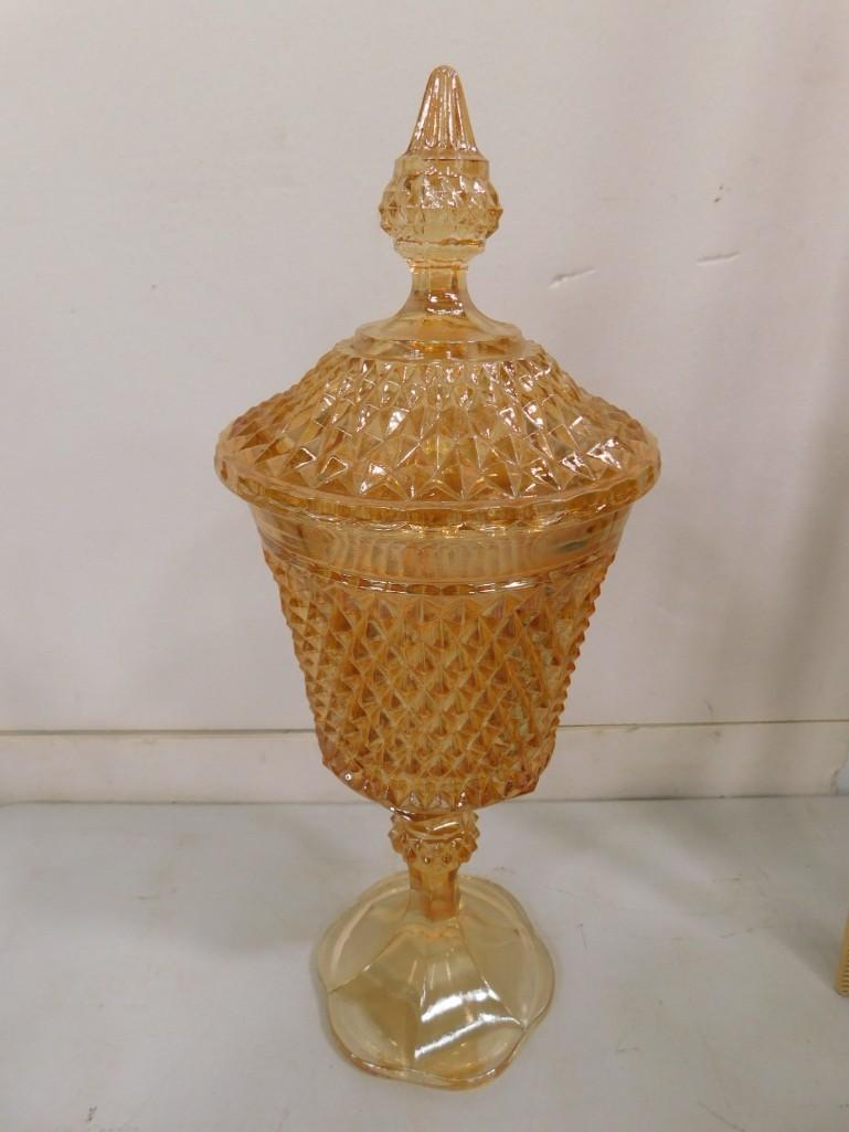 16" Indiana Glass Diamond Point Apothecary Jar Marigold Color (1 of 3)