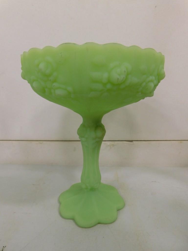 Vintage Fenton Lime Green Cabbage Rose Satin Glass Footed Compote with Paper Label Uranium (1 of 5)