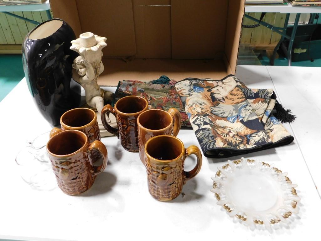 2 Tapestry Table Runners, Candle Holder, Vase, Mugs, Linens, etc: 2 Tapestry Table Runners, Candle Holder, Vase, Mugs, Linens, etc