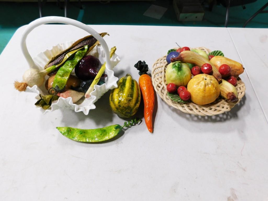 Fenton Hobnail Milk Glass Basket with Fake Fruit and Vegetables and a Ceramic Bowl with Attached (1 of 5)