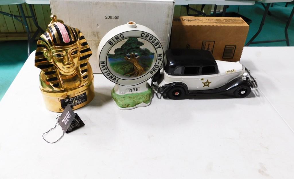 3 Vintage Liquor Decanters incl King Tut, Bing Crosby, Police Car,  ALL EMPTY (1 of 8)