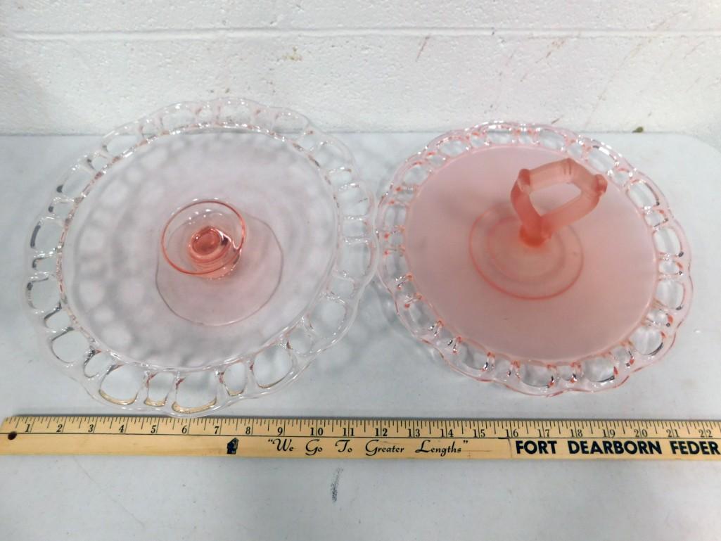 Pink Depression Glass incl Lancaster Open Lace Edge Cake Plate and Satin Glass Tidbit Tray: Pink Depression Glass incl Lancaster Open Lace Edge Cake Plate and Satin Glass Tidbit Tray