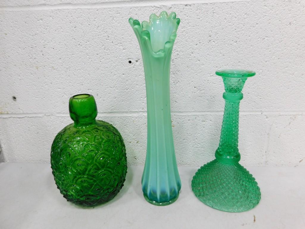 Vintage Green Glass incl Fostoria Heirloom Green Opalescent Swung Vase , (1 of 5)