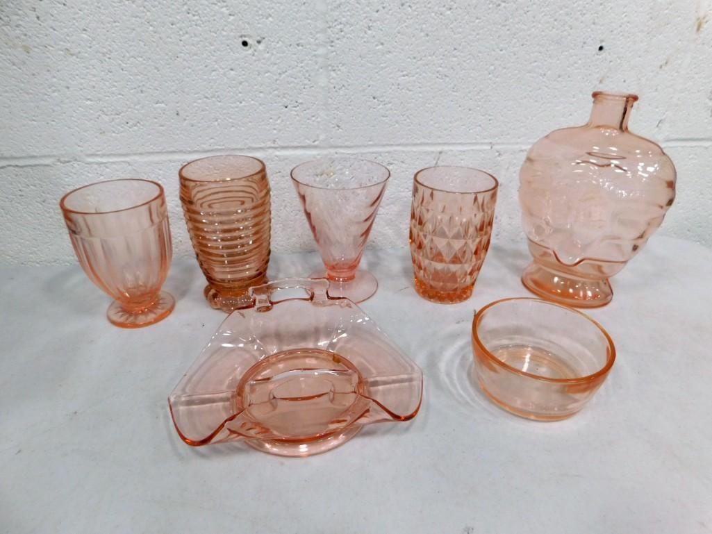Asst Pink Depression Glass incl Pink Anchor Hocking Manhattan Tumbler, Jeanette Windsor Tumbler, (1 of 4)