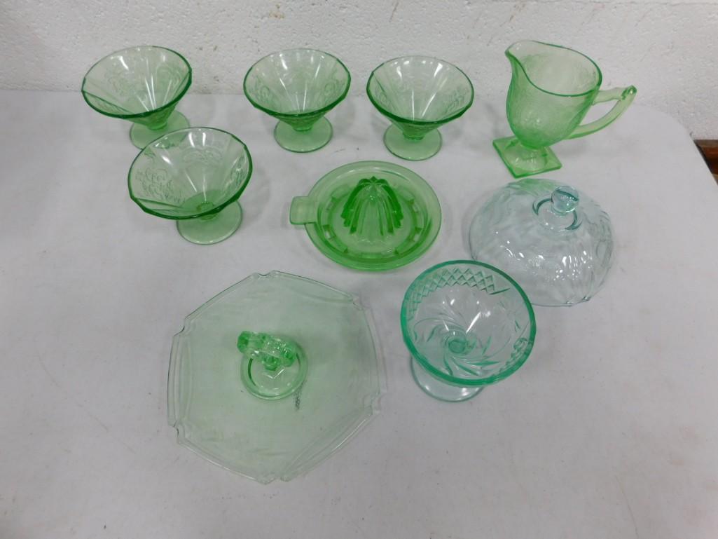 Green Depression Glass incl 4 Federal Madrid Sherbets, Juicer, Tidbit Gray, etc (1 of 5)