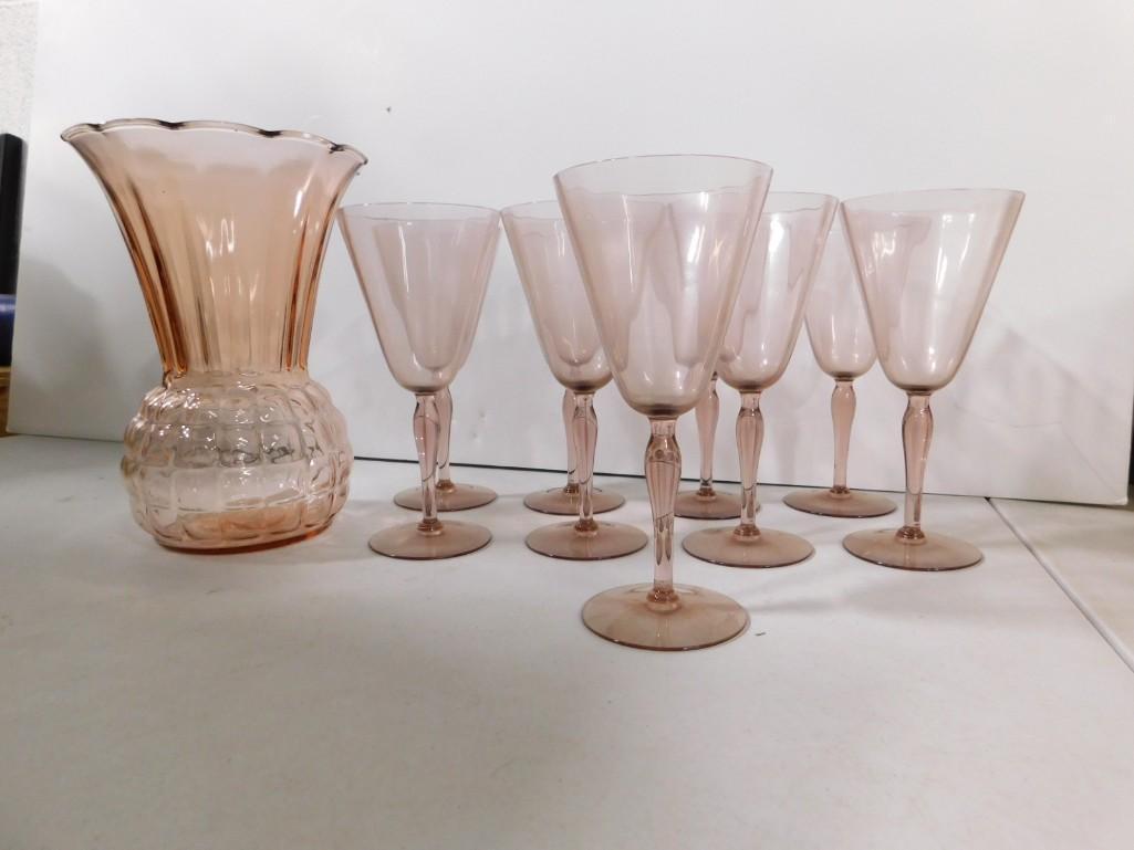 9 Pink Stemware Glasses and a Pink Glass Vase: 9 Pink Stemware Glasses and a Pink Glass Vase