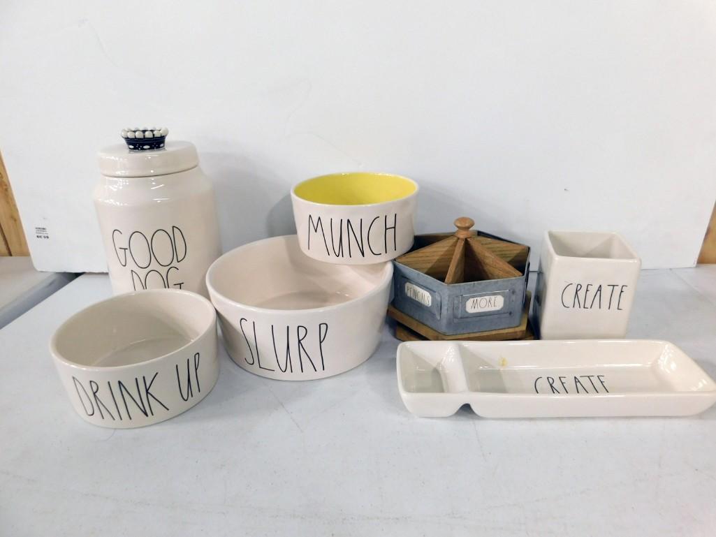 Rae Dunn Pet Food and Water Set plus a Pen Holder, etc: Rae Dunn Lot incl Rae Dunn Pet Food and Water Set plus a Rae Dunn Pen Holder, etc