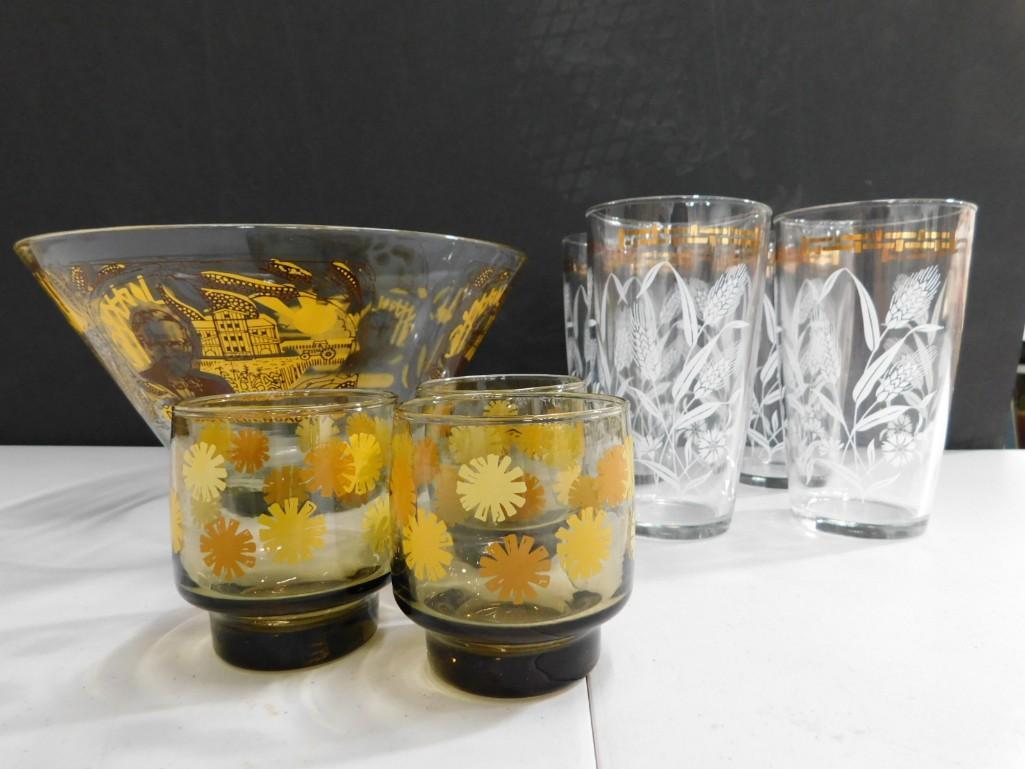 Glass Lot incl 1970s Orville Redenbacher Popcorn Bowl, 4 Anchor Hocking Gold and White Beer or Tea G (1 of 8)