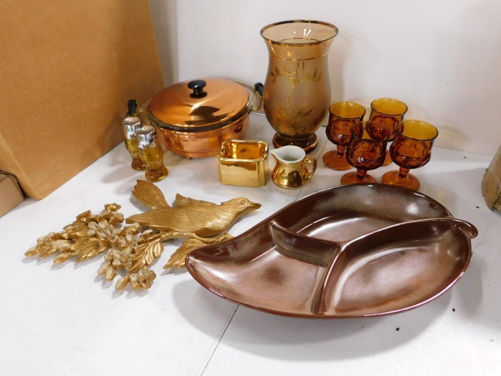 Vintage Home Lot incl Frankoma Divided Leaf Dish, Hand Blown Frosted Vase, Homco Bird Wall Hanging (1 of 14)