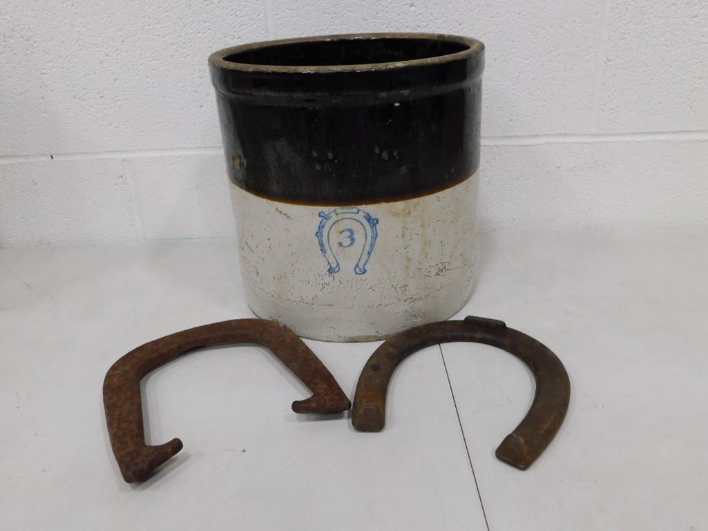 3 Gallon Early 1900s Horseshoe Stoneware Crock and a Pair of Horseshoes: 3 Gallon Early 1900s Horseshoe Stoneware Crock and a Pair of Horseshoes