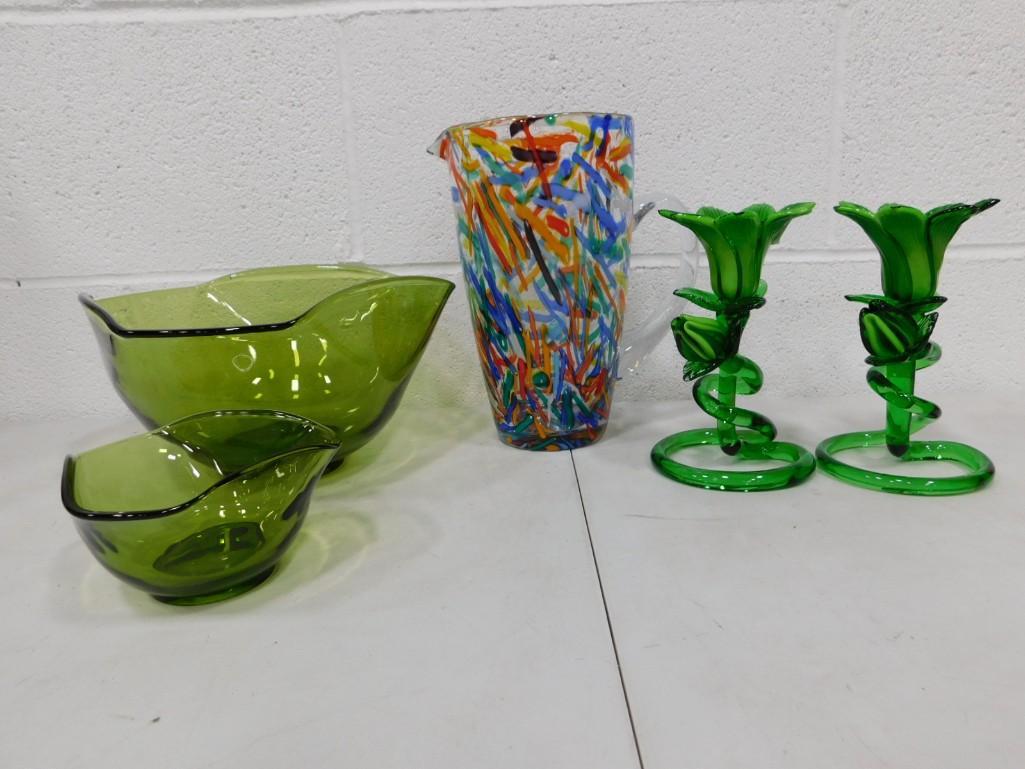 Glass Lot incl Art Glass Pitcher, 2 Flower Candle Holders, 1970s Anchor Hocking Chip and Dip Set (1 of 10)