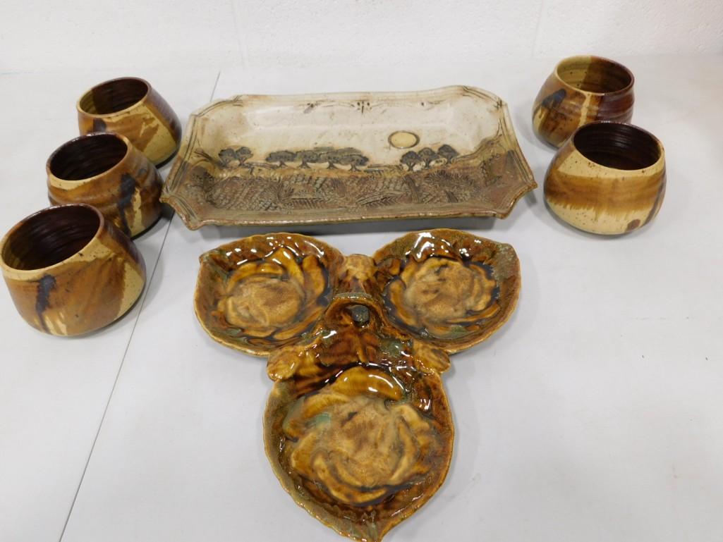 Ceramic Lot incl Dryden Divided Dish, Art Pottery Plate - Signed, Pottery Cups (1 of 8)