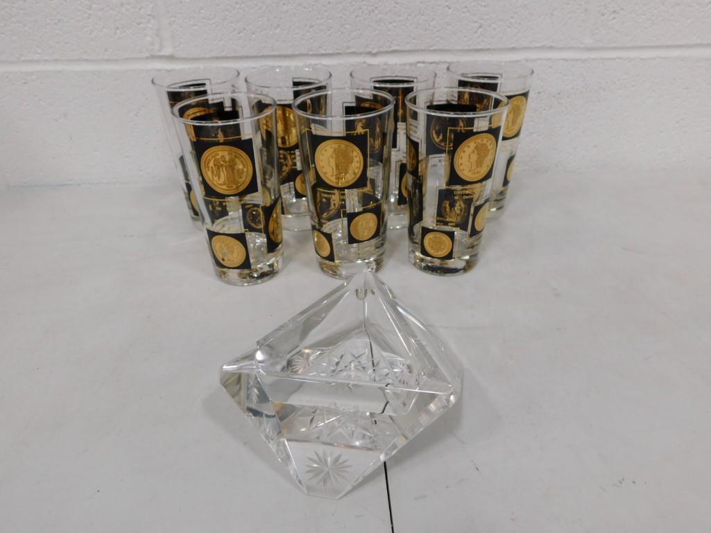 7 Libbey MCM Gold Coins of the World Tumblers and a Cut Glass Ashtray - Atomic Themed: 7 Libbey MCM Gold Coins of the World Tumblers and a Cut Glass Ashtray - Atomic Themed Condition: astray has some flea bite chips