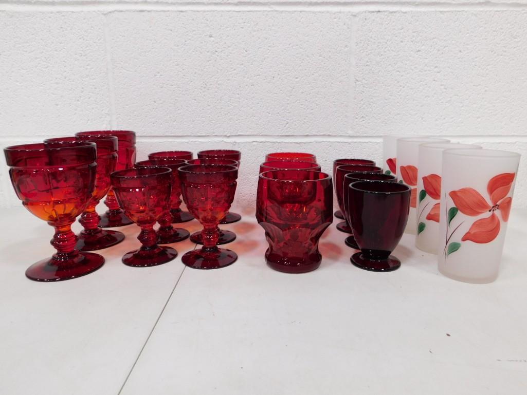 Asst Red Glasses and Frosted Federal Glass Red Floral: AsstRed Glasses incl Ruby Red, Viking, etc and Frosted Federal Glass Red Floral