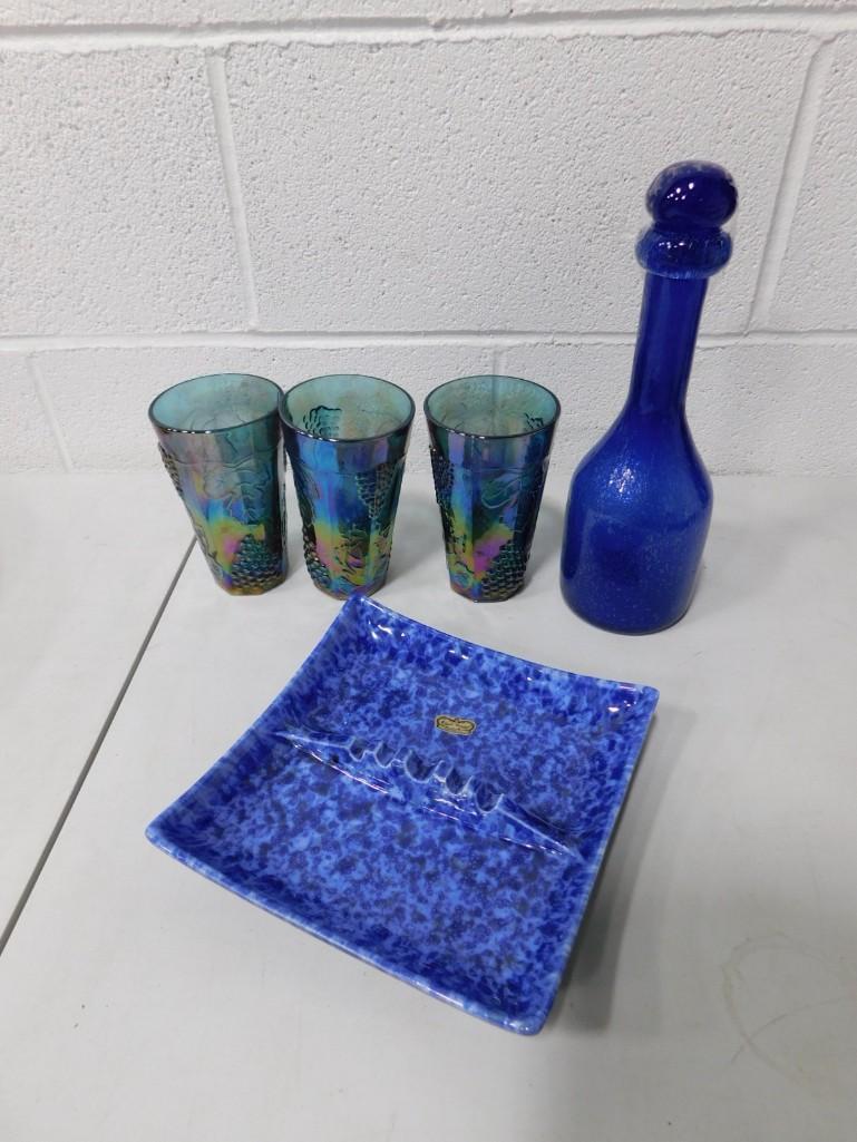 Haeger 2073 Flow Blue Ashtray, 3 Blue Carnival Indiana Glass Tumblers, Handmade Blue Glass Decanter: Haeger 2073 Flow Blue Ashtray, 3 Blue Carnival Indiana Glass Tumblers, Handmade Blue Glass Decanter
