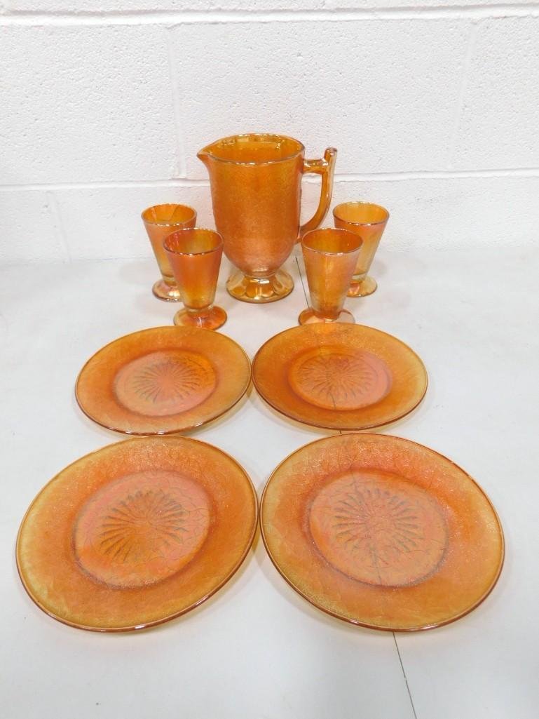 1920s Carnival Glass Jeannette Crackle in Marigold incl Pitcher, 4 Tumblers, 4 Plates (1 of 8)