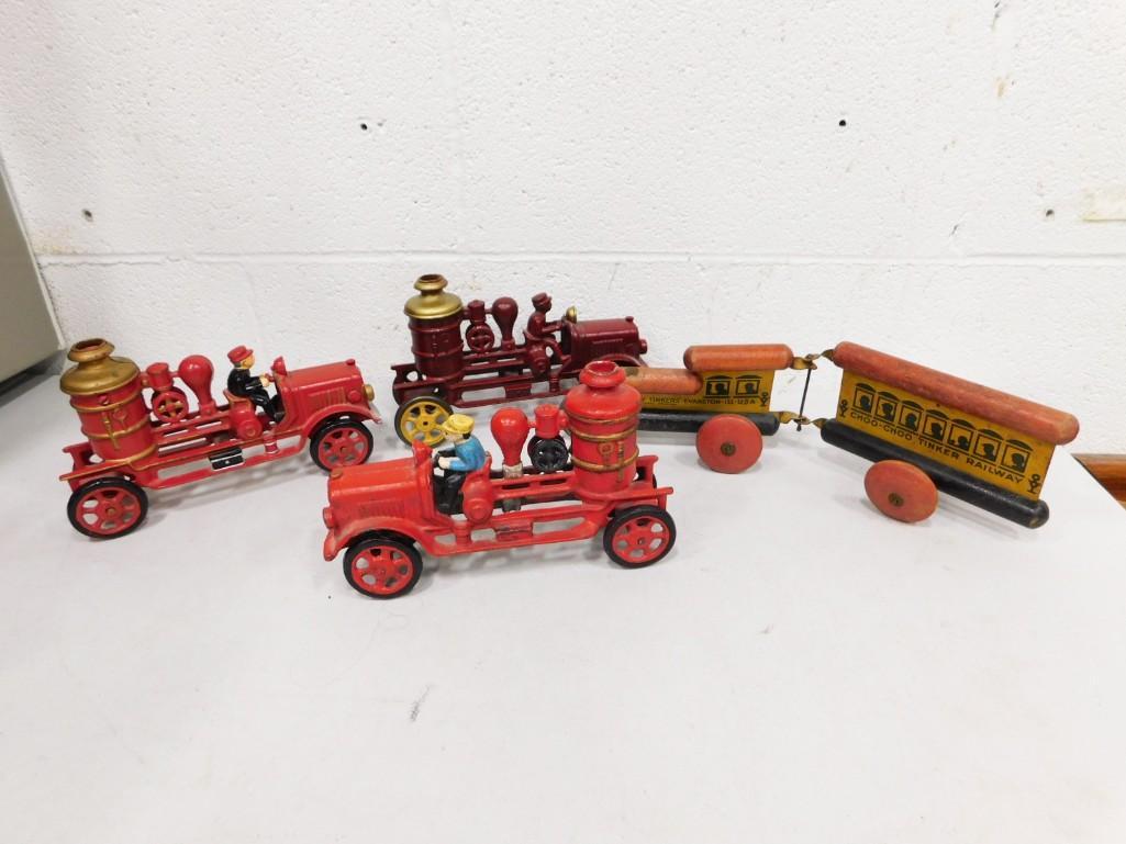 3 Cast Iron Firetrucks and 1 Wood Toy Tinkers Evanston Train (1 of 9)