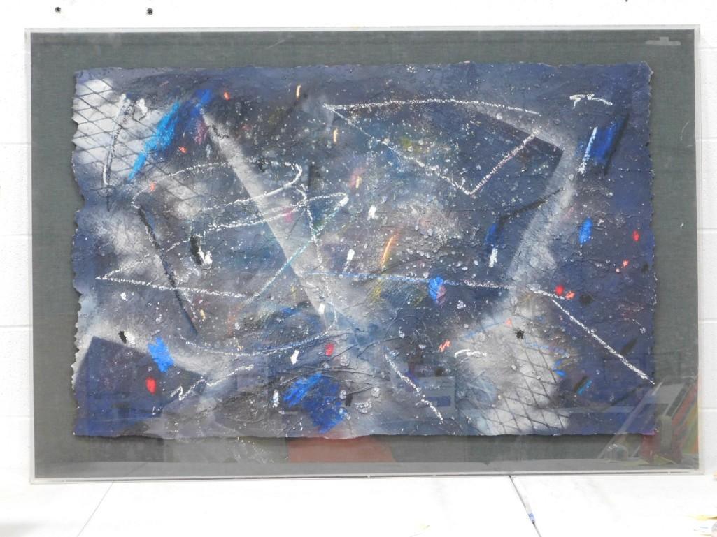Large Horizontal Dark Blue Abstract on Handmade Paper in Plexiglass Box, Unknown Artist "Untitled" (1 of 5)