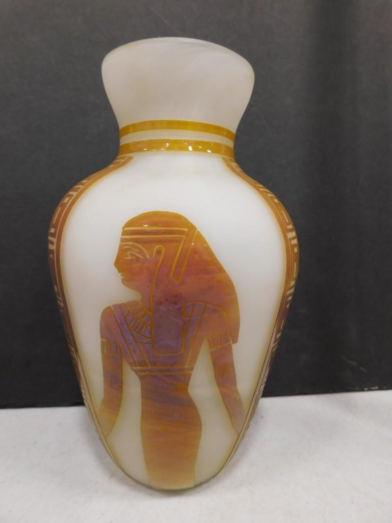 Egyptian Motif Glass Vase Signed by the Artist: Egyptian Motif White Glass Vase Signed by the Artist . Frosted glass with reverse etched amber stencil design. Rough pontil mark on the bottom