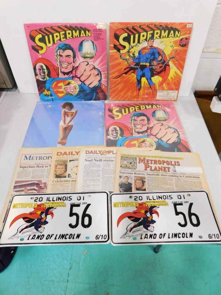 Superman Collectibles incl 4 LP Records, Daily Planet Newspapers, 2 Superman Illinois License Plates (1 of 5)