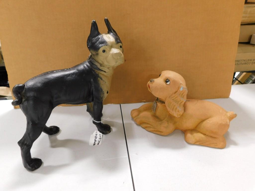 Cast Iron Dog Doorstop Repro and Dog Coin Bank: Cast Iron Dog Doorstop Repro and Metal Dog Coin Bank