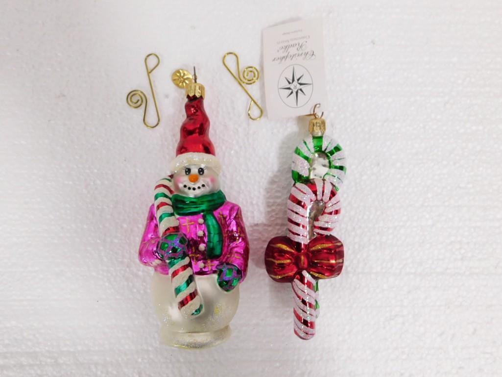 2 Christopher Radko Ornaments incl Christmas Snowman and Candy Canes: 2 Christopher Radko Glass Christmas Ornaments incl Christmas Snowman and Candy Canes