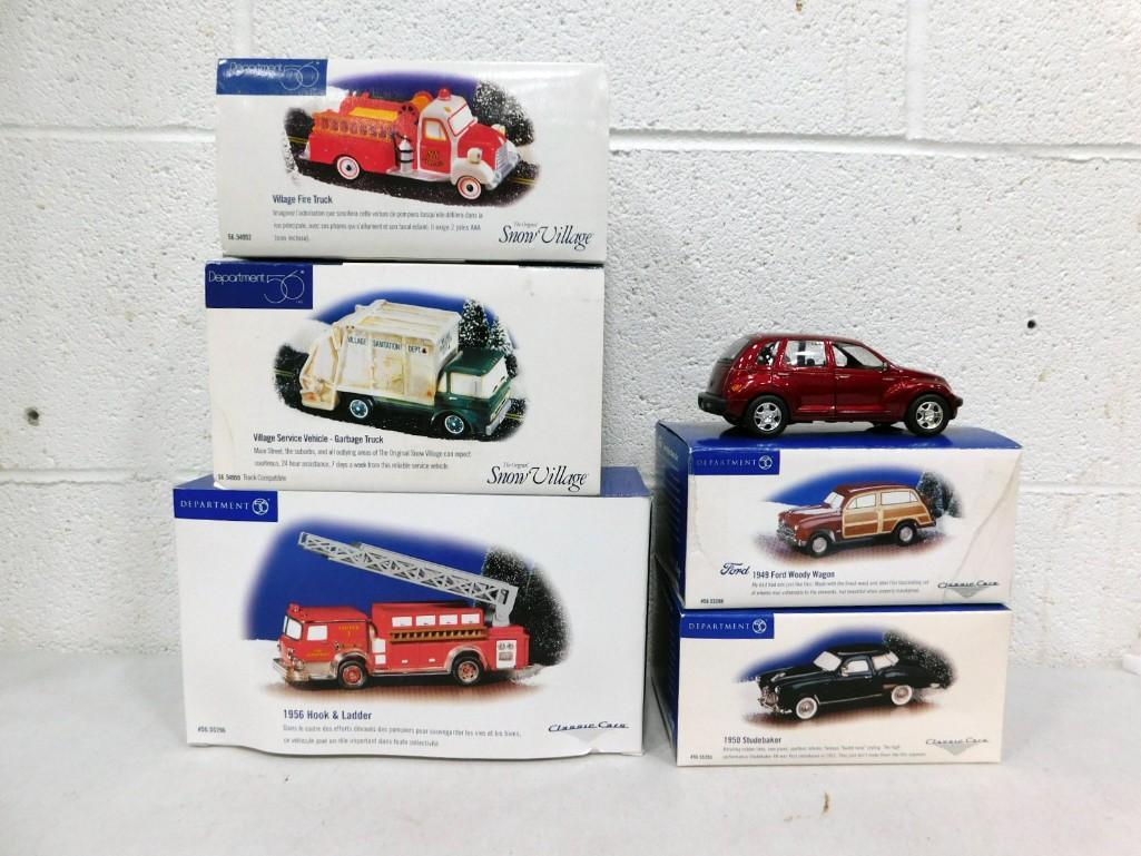 Dept 56 Model Cars incl 1950 Studebaker, 1949 Food Woody Wagon, Village Fire Truck, (1 of 3)