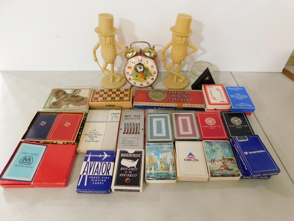 Vintage Lot incl Mr Peanut Coin Banks, Lion Alarm Clock, Small Games, Playing Cards, Etc (1 of 4)