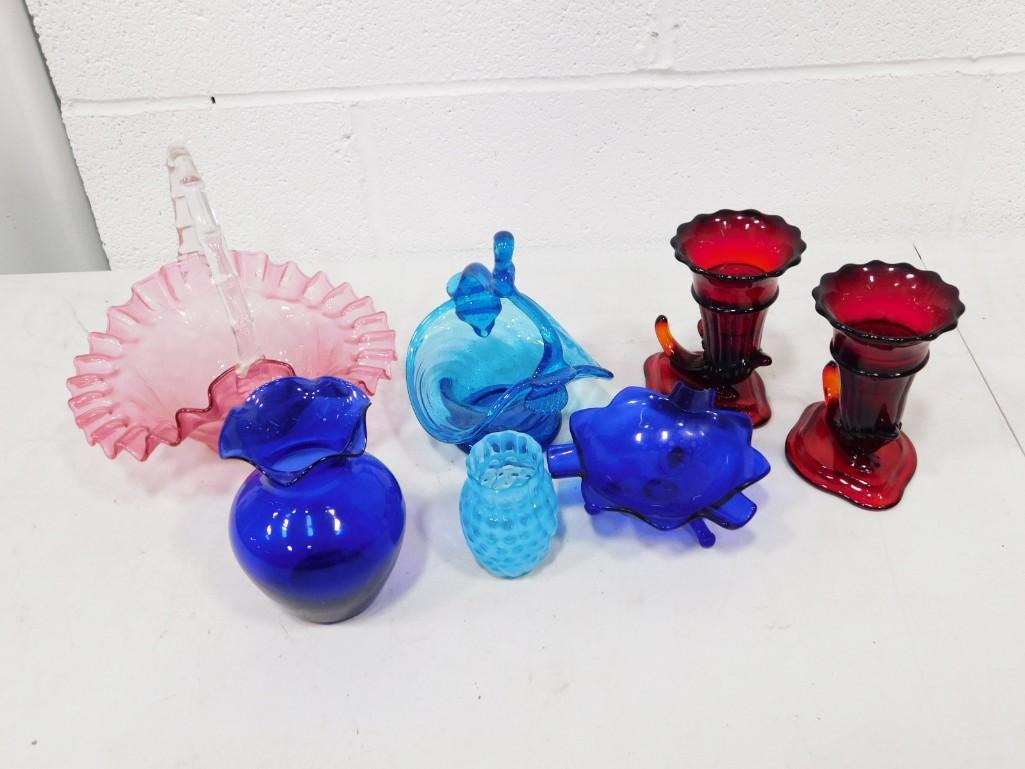 Colored Glass incl Blue Glass, Amberina Glass Horn Vases, Pink Ruffled Edge Glass Basket, (1 of 5)
