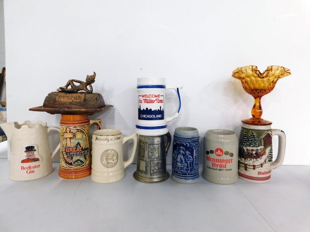 Beer Steins, a Fenton Thumbprint Compote, Butter Dish with a Pixie Elf (1 of 5)