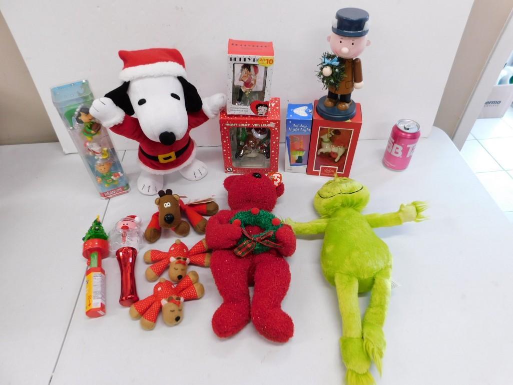 Christmas Lot Dancing Snoopy, Peanuts Christmas Figures, Grinch, Betty Boop Ornament NIB, Charlie Br (1 of 5)