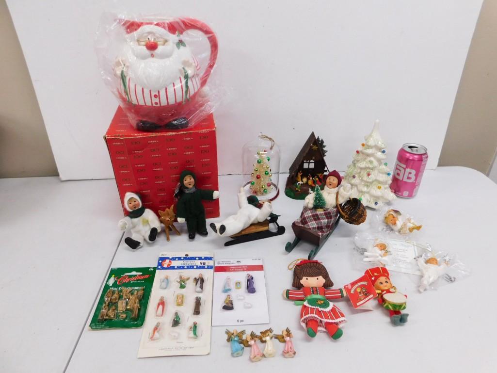 Off White Ceramic Christmas Tree w/ Bulb Ornaments, Cream Bottle Brush Christmas Tree Under Glass Do (1 of 9)