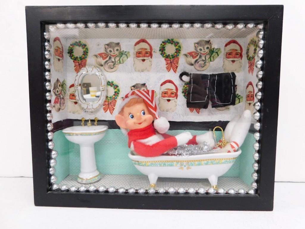 Retro Vintage Elf in Bathtub Scene Christmas Holiday Shadow Box: Retro Vintage Elf in Bathtub Scene Christmas Holiday Shadow Box . Approximately 11" x 9" x 2.5" . One of a kind handmade item in very good condition