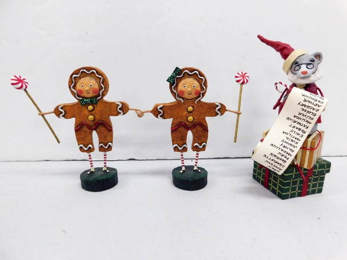 3 Lori C Mitchell Christmas Lot Gingerbread Boy and Girl 5.5" Figures. Christmas Santa Mouse