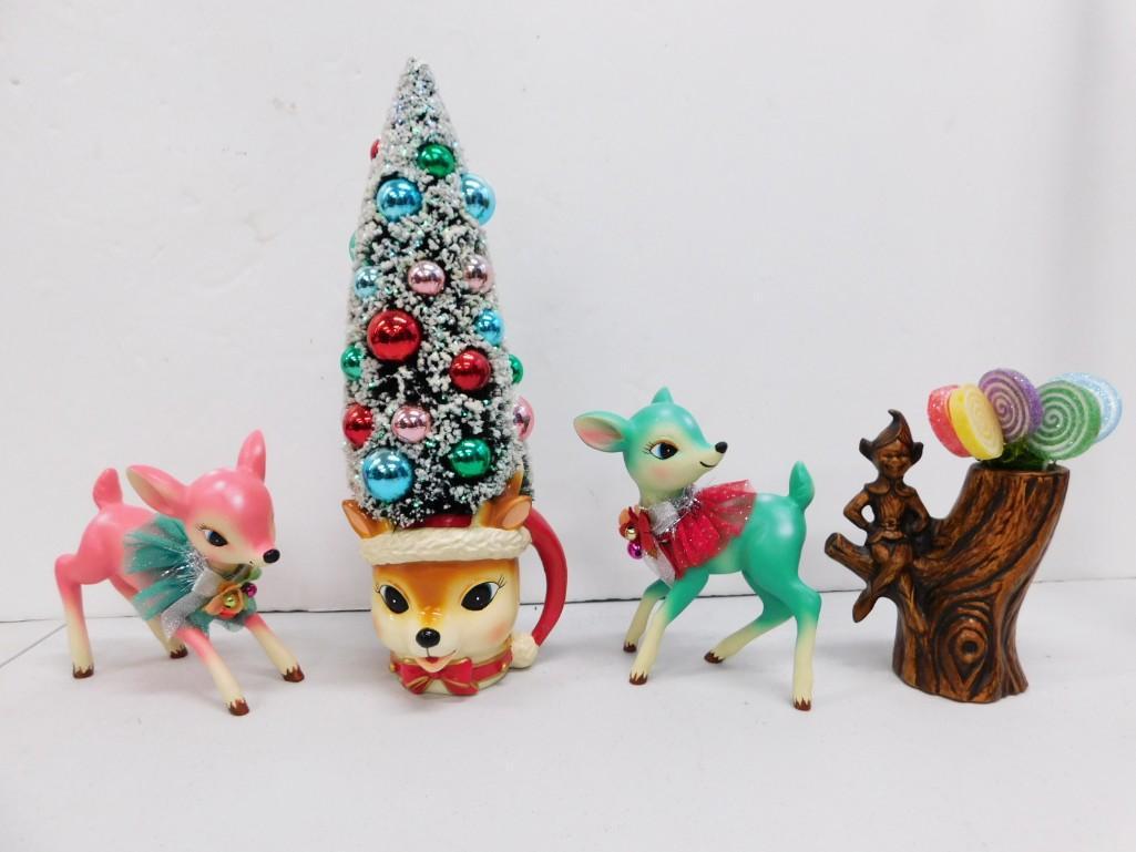 2 Pink and Turquoise Blue Christmas Reindeer Retro Vintage Nostalgic Resin Figures. (1 of 7)