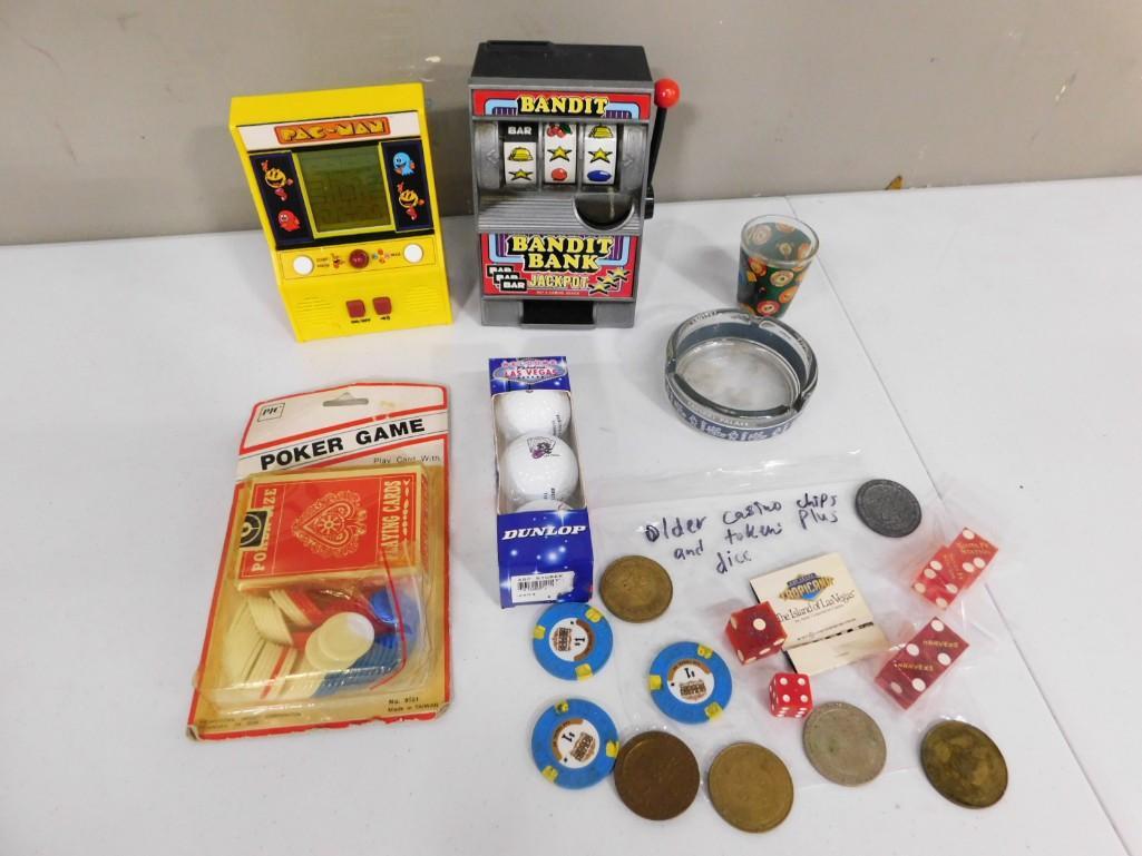 Vintage Lot incl Pac Man Game, Older Casino Chips, Tokens, and Dice, Caesars Palace Ashtray, etc (1 of 6)