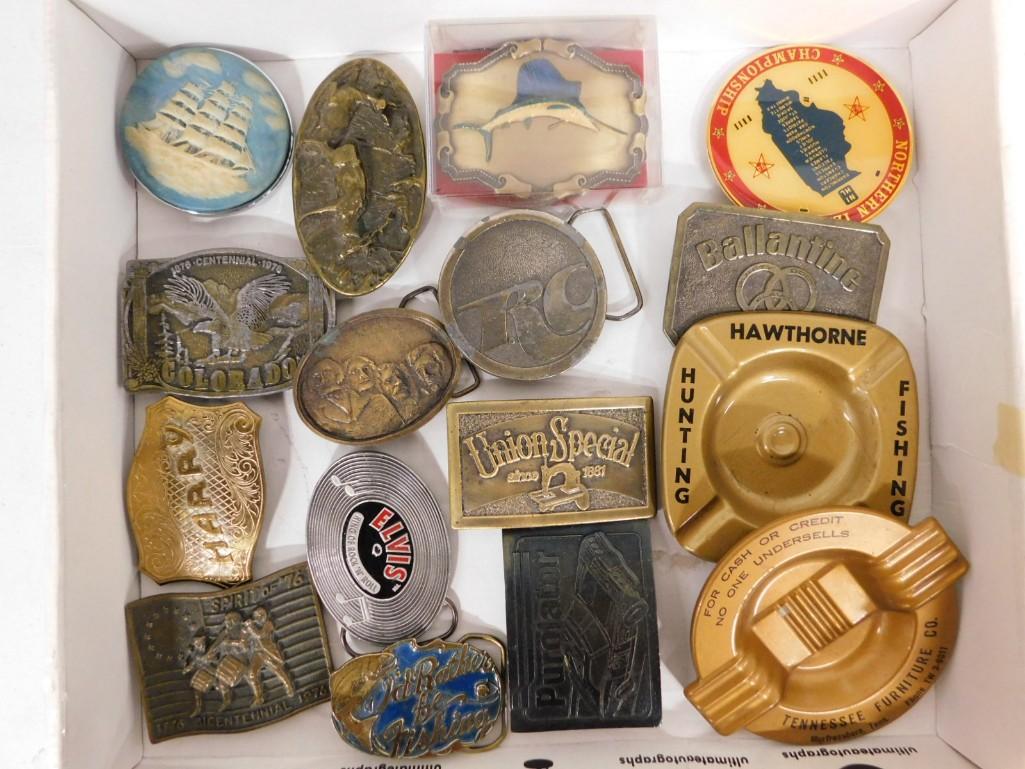 Belt Buckles, Ashtrays, Etc incl Vintage: Belt Buckles, Ashtrays, Etc incl Vintage . Includes a large Northern Illinois Championship Pin