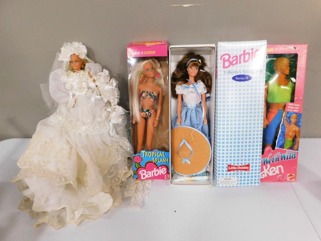 Barbie Doll Lot incl Tropical Splash Barbie, Wet n Wild Ken, Little Debbie Collectors Edition Doll S: Barbie Doll Lot incl Tropical Splash Barbie, Wet n Wild Ken, Little Debbie Collectors Edition Doll Series II in original boxes plus one bride Barbie Doll without a box