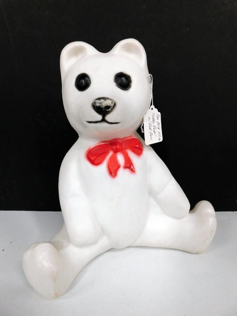 Blow Mold White Teddy Bear with Red Bow Works: Blow Mold White Teddy Bear with Red Bow Condition: works, lights up, has some rubbed paint, especially on his nose