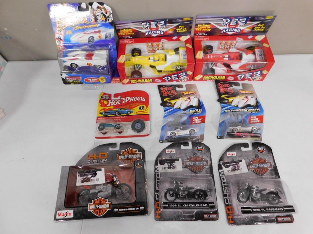 Lot of 9 New in Package Cars including Hot Wheels, Pez Dispenser Cars, Speed Racer, Harley Davidson: Lot of 9 New in Package Cars including Hot Wheels, Pez Dispenser Cars, Speed Racer, Harley Davidson
