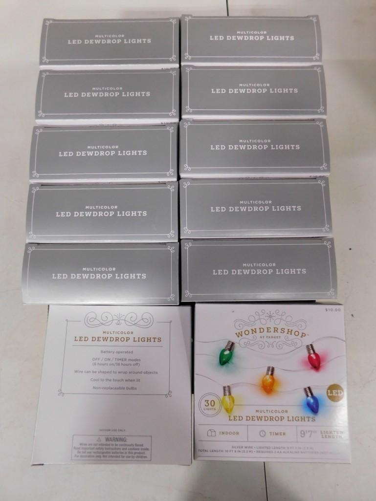 12 boxes of Multicolor LED Dewdrop Christmas Lights: 12 boxes of Multicolor LED Dewdrop Christmas Lights. Each box has 30 lights and is almost 10 feet long.
