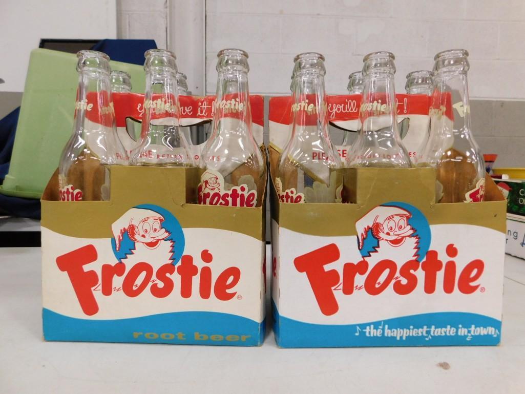 2 Empty Frostie Root Beer Vintage Soda Bottles with two 6 pack holders (1 of 4)