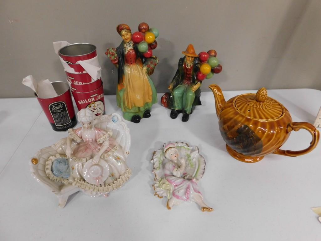 Misc. Lot including Ceramic Clowns, Figurines, Sailor Jerry Spiced Rum cups: Misc. Lot including Ceramic Clowns, Figurines, Sailor Jerry Spiced Rum cups etc.