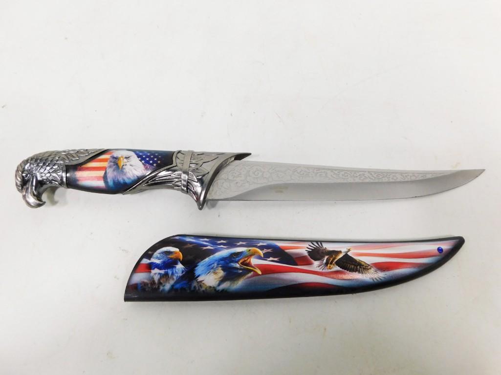 Knife with Sheath and Eagle and US Flag Design Stainless Steel Blade: Knife with Sheath and Eagle and US Flag Design Stainless Steel Blade and Plastic Handle and Sheath. Total length is approx 13" long from the tip of the handle to the tip of the sheath