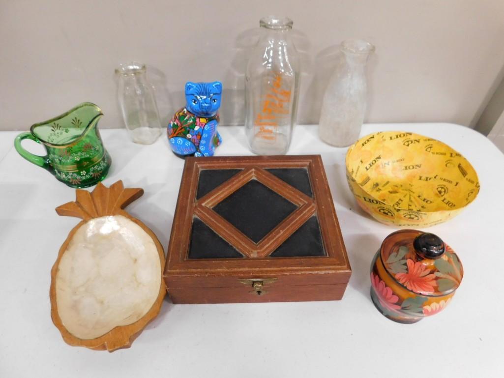 Misc. Home Decor Lot including Serving dish pineapple, vintage glass bottles, blue cat, etc. (1 of 2)