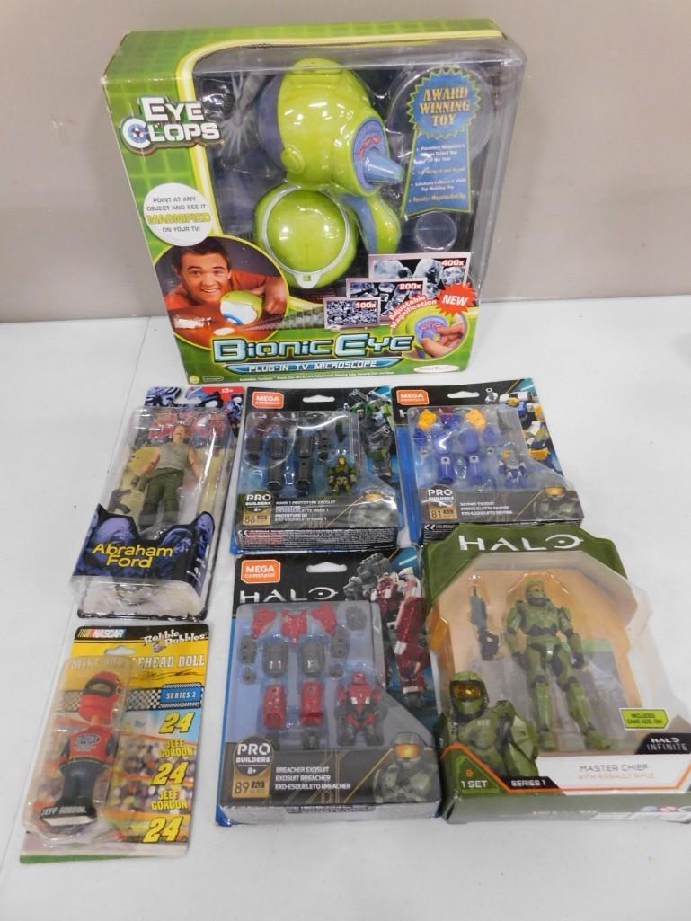 7 New in package toys including Eye Clops Microscope, Halo, Nascar, Abraham Ford, etc.: 7 New in package toys including Eye Clops Microscope, Halo, Nascar, Abraham Ford, etc.