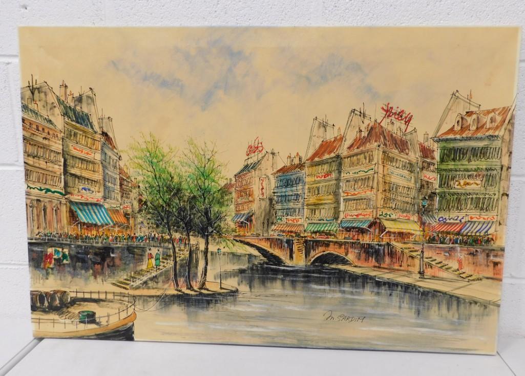 Marie Sardim Listed Mid Century Artist OIl on Canvas Signed "Paris/River Scene" Highly Detailed (1 of 4)
